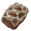 Kvinnor Magic Double Hair Comb Imitation Wood Pearl Clip Stretchy Hairpin Bead DIY C6UD12758