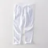 Calças masculinas de linho casual solto ajuste leve elástico cordão cintura verão praia respirável calças simples
