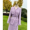 Women 'Blend Winter Celebrity Purple Vintage Woven Lace Up Woolen Jacket Tassel Tweed Mid Length Coat 231018