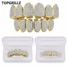 Europe and America Hip Hop Iced Out CZ Gold Teeth Grillz Caps Top Bottom Diamond Teeth Grillzs Set Men Women Grills211w