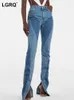Calças femininas s LGRQ 2023 verão mulheres jeans cintura alta emendado contraste cor split magro desconstruído denim longo flare wy557 231018