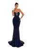 Elegant Dark Navy Black Mermaid Evening Dresses For Women Sweetheart Beaded Satin Formal Occasions Pageant Birthday Party Prom Celebrity Gowns