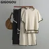 Kadınların Takipleri Gigogou Yaz İki Parça Gevşek Tişört Kadın Trailsuit Moda Örgü Sıradan Kısa Kollu Set Nefes Alabilir Bayan Pantolon Pantolon Pantolon Takım 231018