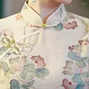 Etniska kläder kvinnor plus size bomull cheongsam kort ärm vintage formella klänning party kostymer kinesisk stil lång qipao beige lila