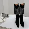 Amina Begum Slender High Heel High Barrel Boots Rhinestone Pointed Strap Tassel Boots Over Knee Boots Luxury Designer Shoes Top Factory Shoes