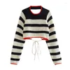 Women's Sweaters MESTTRAF Women 2023 Fashion Sexy Round Neck Stripe Short Sweater Vintage Long Sleeve Back Open With Tied Knit Cropped