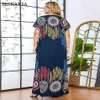 Vintage Ethnic Print Maxi Dress for Women Summer Rayon Cotton V Neck Short Sleeve Plus Size Casual Arabic Clothes 210517279i