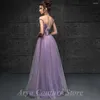 Robes de soirée fantaisie violet col rond appliques robe de soirée tulle illusion manches courtes a-ligne longueur de plancher pour les femmes robe
