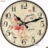 Horloges murales Horloges murales Rétro Fleur Floral Décoratif En Bois Rond Chiffres Arabes Conception Non Ticking Grand Pour Chambres Ba Dhgarden Dhxcp