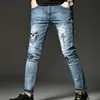 Skull Mens Hop-Hip broderi Soft Stretch Cotton Denim Slim Light Blue Jeans Vintage Casual Streetwear Pants289a