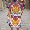 Erkek Trailsits Trailsuit T-Shirt Seti Kaplan Deseni Yaz 2023 Harajuku O Boyun Hip-Hop 3D Baskılı Plaj Kısa Kollu Komik Üstler