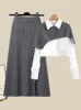 Vestido de dos piezas Primavera Otoño Camisa de chal de mujer de gran tamaño Conjunto de tres piezas Cintura alta Tejer Falda de medio cuerpo Conjunto Mujer Moda 3 231018