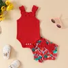Clothing Sets Baby Girl 2023 Summer Outfit Solid Color Rib Knit Sleeveless Romper Flower/Watermelon Print Bow Shorts 2Pcs Clothes Set