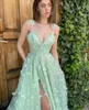 Modern Long Prom Dresses Spaghetti Straps Tulle Sleeveless Butterfly Lace Embroidery with Slit A Line Sweep Train Party Dress for Women