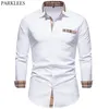 Parklees Autumn Plaid Patchwork Formella skjortor för män Slim Long Sleeve White Button Up Shirt Dress Business Office Camisas 220222225K