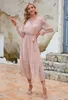 Casual Dresses Women Summer Dress 2023 Chiffon Print Pleated Maxi Lotus Vestidos Flare Long Sleeve Lace-Up Party
