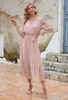 Abiti casual Abito estivo da donna 2023 Stampa in chiffon pieghettato Maxi Lotus Vestidos Flare Manica lunga Lace-Up Party