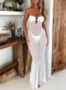 Casual klänningar habbris vit mesh bodycon lång klänning jämn part för kvinnor 2023 höst svart av axel maxi ihålig ut
