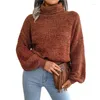 Chandails pour femmes automne et hiver couleur mixte lanterne polyvalente à manches longues col haut pull tricoté vêtements de sport