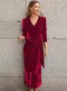 Urban Sexy Dresses Autumn Velvet Midi Dress V Neck Long Sleeve Ruched Elegant BodyCon Black Women Clothing 2023 Ankomster Vestidos 231018