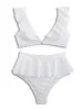 Mulheres Swimwear Sexy Branco Com Nervuras Cintura Alta Bottom Bikini Mulheres Separadas Acolchoadas Ruffle Saia Maiô Fivela Peituda 2023 Terno de Banho