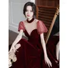 Etnische kleding bordeaux velours patchwork cheongsam bladerdeeg mouw qipao bandage avond banket jurken perspectief sexy vestidos