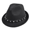 Bérets britannique unisexe chapeau de cowboy occidental rétro noir gemme jazz femme rivet haut en laine à bord court Fedora chapeaux fête de performance