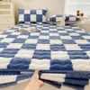 Madrass Pad Soft Warm Plush Protector Cover Winter Par 2 People Black White Plaid Elastic Fitted Sheet Bed Protection 231017