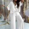 Trajes de mujer Trajes de 2 piezas sueltos ocasionales de las mujeres Blusa con cuello en V de moda Pantalones de pierna ancha blancos Conjuntos Mujeres Elegante Manga de murciélago Otoño Boho Trajes 231018