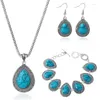 Boucles d'oreilles collier ensembles de bijoux uniques plaqué argent goutte d'eau pendentif bleu Turquoises pierre bracelet boucles d'oreilles Earl22204x