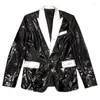 Men's Suits Premium Black Mirror Glossy Leather Silver Patchwork Collar Blazers Men Vintage Streetwear Social Party Masculino Clothing