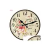 Orologi da parete Orologi da parete Retro Fiore Floreale Decorativo Rotondo in legno Numeri arabi Design Non ticchettio Grande per camere da letto Ba Dhgarden Dhxcp