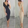 Nova marca feminina vestido de manga curta profundo decote em v cor pura sexy vestido de festa clube roupas241h