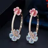 CWWZircons Designer Elegant Micro Pave Blue Red CZ Light Gold Color Big Round Flower Hoop Earrings for Women Jewelry Gift CZ810 21181T