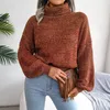 Chandails pour femmes automne et hiver couleur mixte lanterne polyvalente à manches longues col haut pull tricoté vêtements de sport