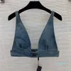 Womens Designers T Shirts Underwear With Metal Triangle Badge Sexig Deep V Denim Sling Tubs Tops Women Clothing276q