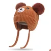 Berretti Cappelli Berretti Cappelli invernali Pompon Bambino con fodera in corda Cute Boy Girl Warm Bear Cappello lavorato a maglia Bambini Paraorecchie lavorato a maglia per bambino 221122 Ba Dhj1I