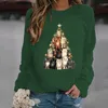 Suéteres femininos com estampa de árvore de gato de Natal para mulheres com capuz bonito camisa grande gráfica de manga comprida Fe Y2K moda suéter gráfico moda topL231018