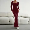 Casual Dresses Square Neckline Dress Elegant Ankle-length Maxi For Women Soft Knitted Neck Skinny Elastic Solid Color Spring
