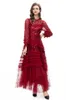 Women's Runway Dresses O Neck Long Sleeves Tiered Ruffles Sequined Elegant Designer Party Prom Evening Vestidos Gown