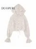 Womens Knits Tees DUOPERI Women Fashion Beige Hollow Out Cropped Knitted Hoodies Sweater Vintage Hooded Neck Long Sleeves Female Chic Lady Tops 231018