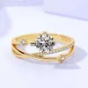 Bandringar Real Moissanite Ring for Women Round Cut 4 Claw Yellow Gold Color Sparkling Diamond Unique Design Graceful J230602