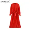 Women Elegant Fashion Office Wear Buttons Midi Dress Long Sleeve With Belt Female Dresses Vestidos Mujer 210420244F