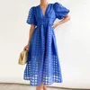 Party Dresses High Waist Lantern Sleeve V Neck Dress Solid Color Mesh Yarn Button Long Casual Elegant Women Summer Vestido