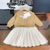 豪華なベビー服デザイナーの女の子のドレススーツキッズ秋のセットサイズ110-160 cm 2pcs長袖の丸い首のセーターとプリーツスカート8月30日