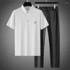 Heren trainingspakken Minglu hoge elasticiteit poloshirts sets luxe zomer naadloze korte mouw effen kleur elastische taille man