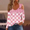 Frauen Blusen Sexy Kette Off Schulter Hemd Für Frauen Frühling Herbst V-ausschnitt Langarm T Shirts 2023 Casual Plaid print Top Femme