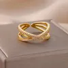 Anéis de casamento duplo redondo zircão para mulheres aberto aço inoxidável simples kpop anel de dedo designer jóias presente de festa