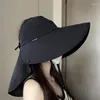 Chapeaux à large bord pour femmes, grand avec corde coupe-vent, chapeau de protection contre les UV, casquette vide, visage et cou en plein air