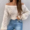 Pulls pour femmes Bohème Lanterne Manches Hors Épaule Pull Femme Vintage Creux Pull Tricoté Jumper Blanc Lâche Blouse D'hiver